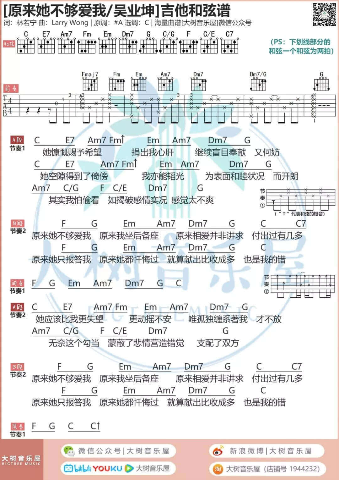 原来她不够爱我吉他谱 C调-吴业坤1