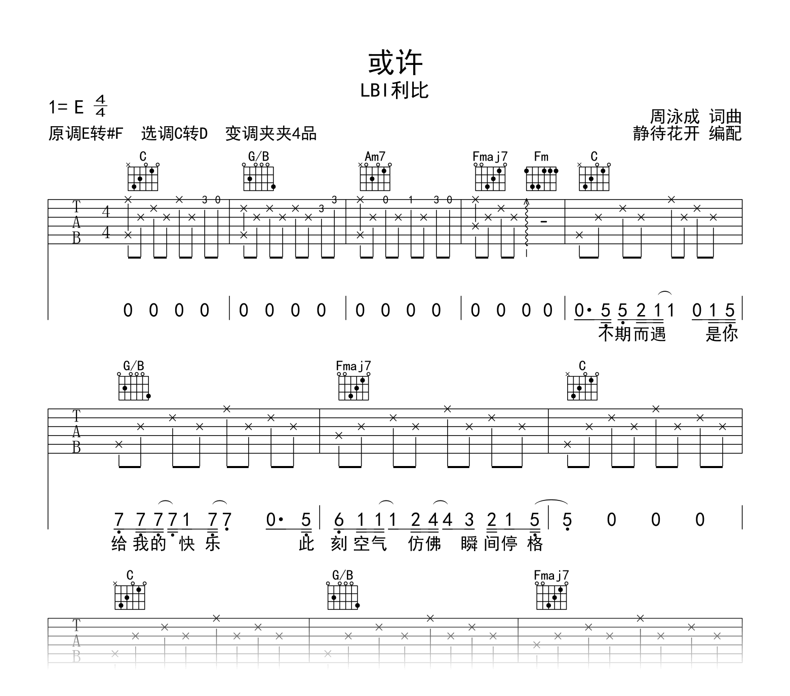 或许吉他谱_LBI利比《或许》C调弹唱谱_高清六线谱1