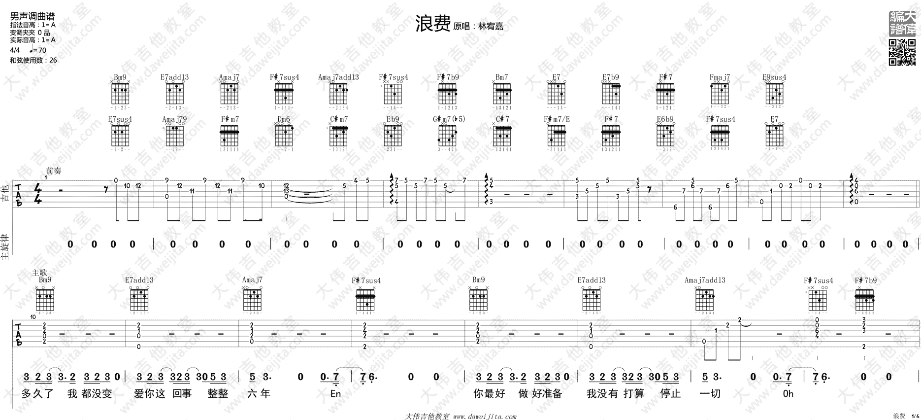浪费(吉他谱)_林宥嘉_A调六线谱大伟吉他版_《浪费》吉他弹唱谱1