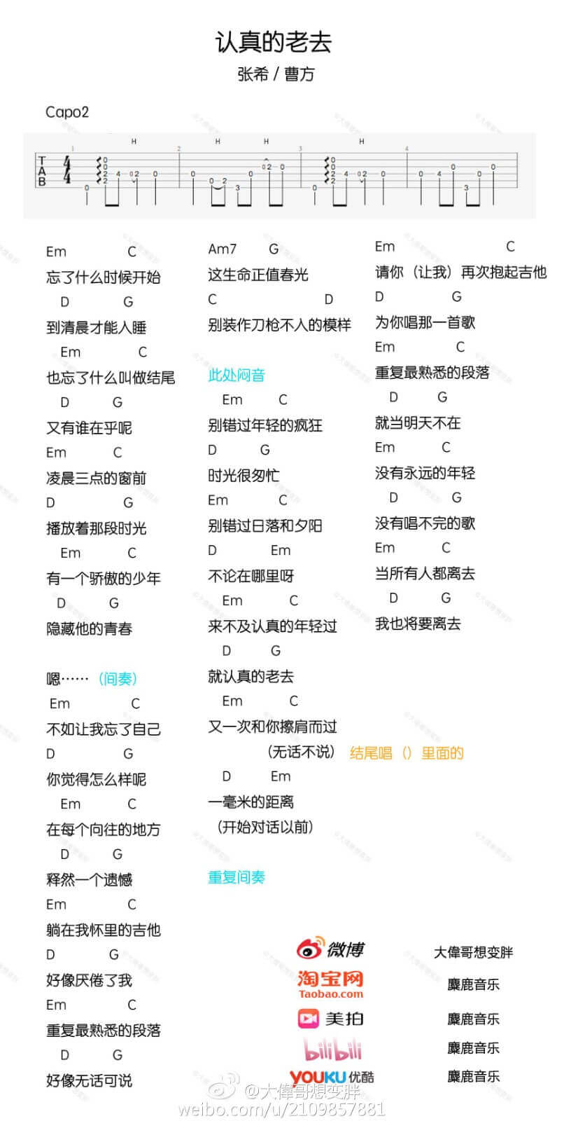 认真的老去吉他谱 C调简单版-曹方1