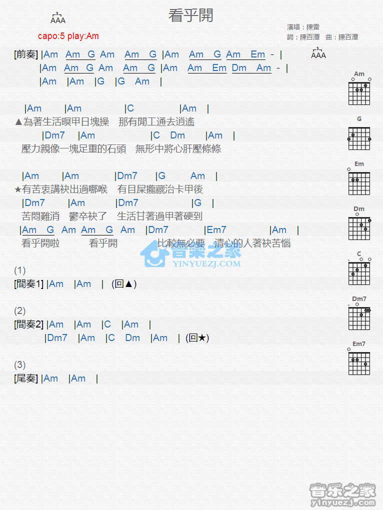 看乎开吉他谱 Am调版 陈雷1