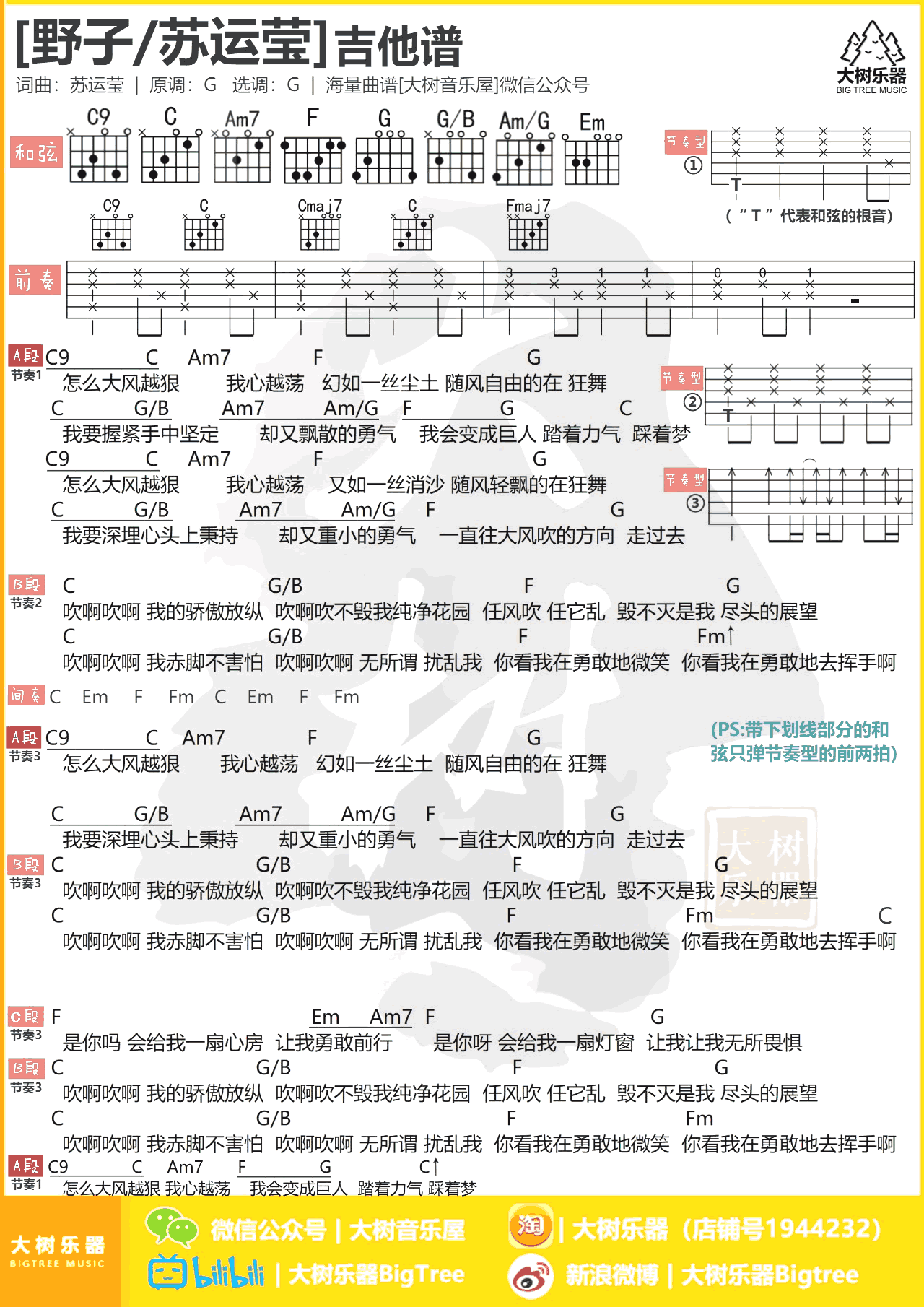 野子吉他谱 苏运莹/田馥甄《中国好歌曲》_G调和弦谱1