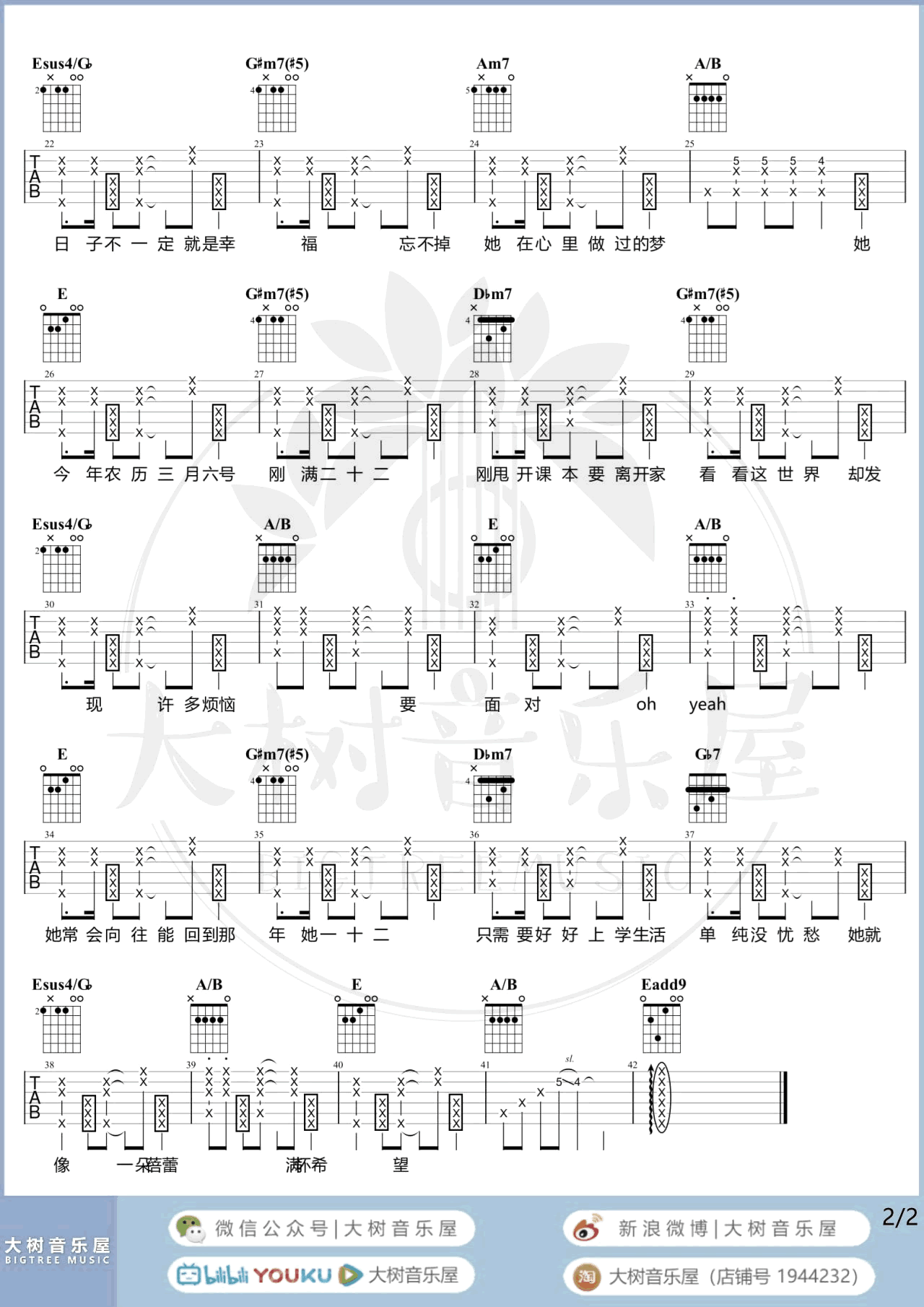 二十二吉他谱_陶喆_E调指法_吉他弹唱演示+教学视频2