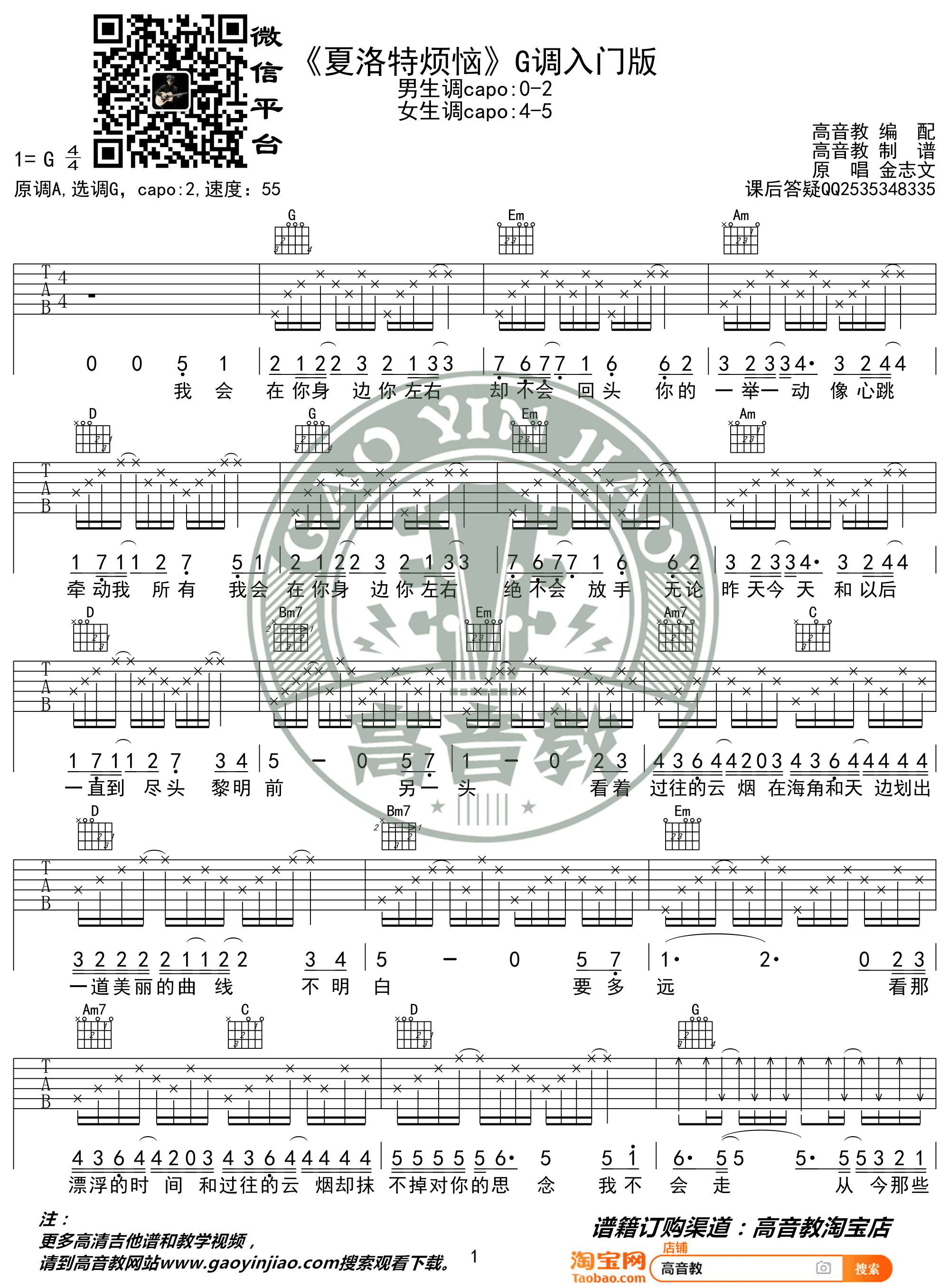 夏洛特烦恼吉他谱_金志文_G调简单版_吉他弹唱六线谱1