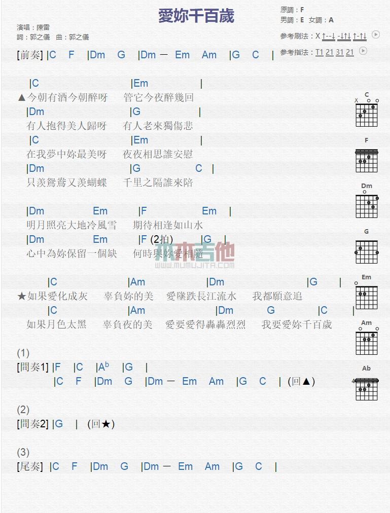 爱你千百岁_吉他谱_陈雷1