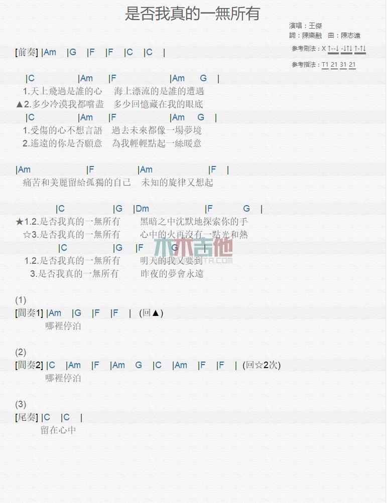 是否我真的一无所有_吉他谱_王杰1