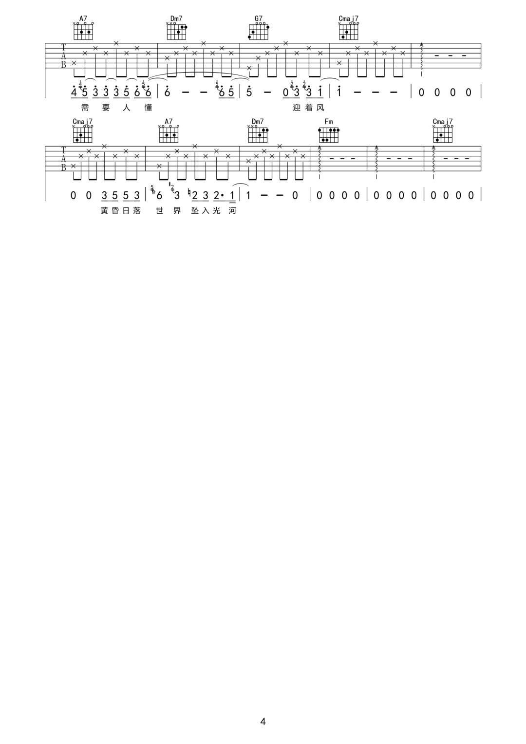 没有名字的夜晚吉他谱_夏日入侵企画_C调原版_吉他弹唱六线谱4