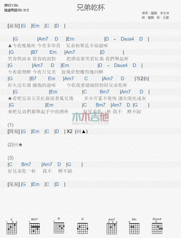 兄弟干杯_吉他谱_庞龙1