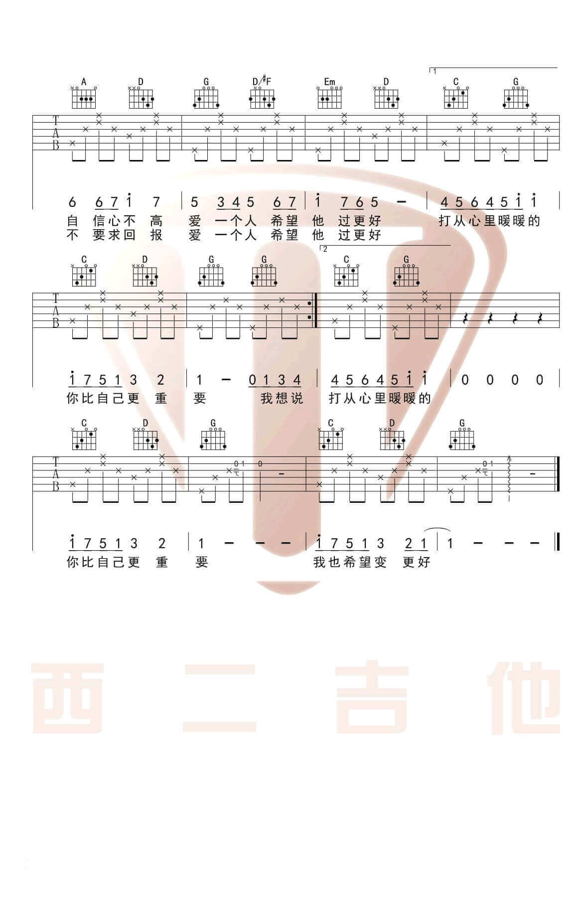 暖暖吉他谱 G调原版-西二吉他编配-梁静茹1