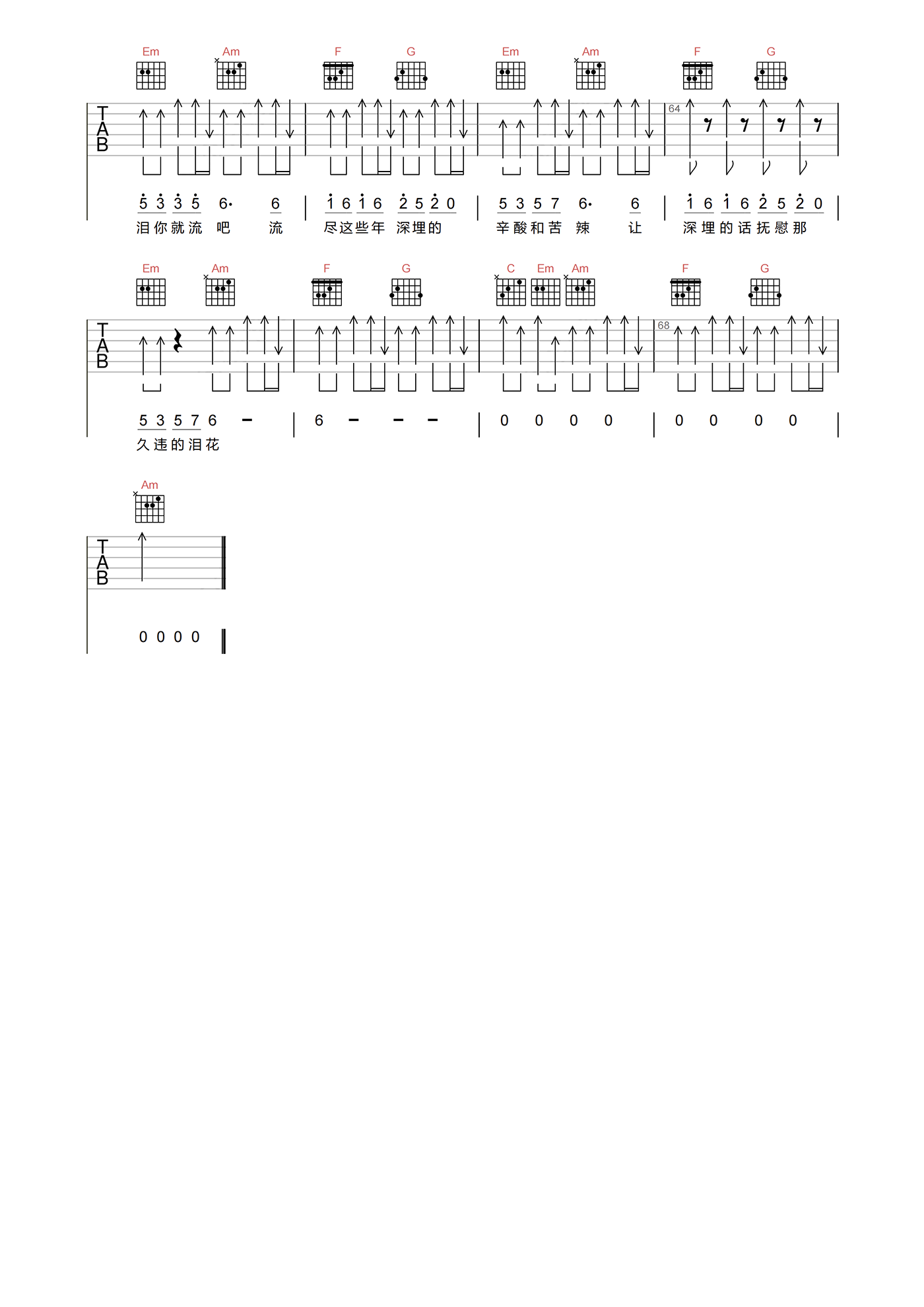 兄弟抱一下吉他谱-庞龙-C调原版编配-吉他弹唱六线谱1