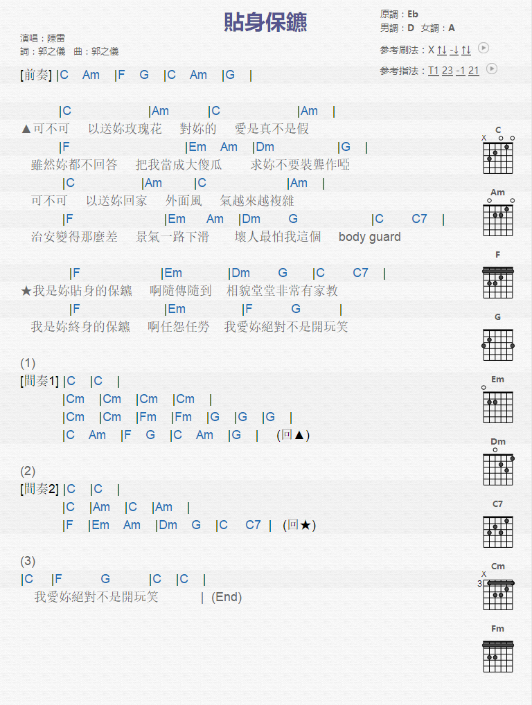贴身保镖_吉他谱_陈雷1