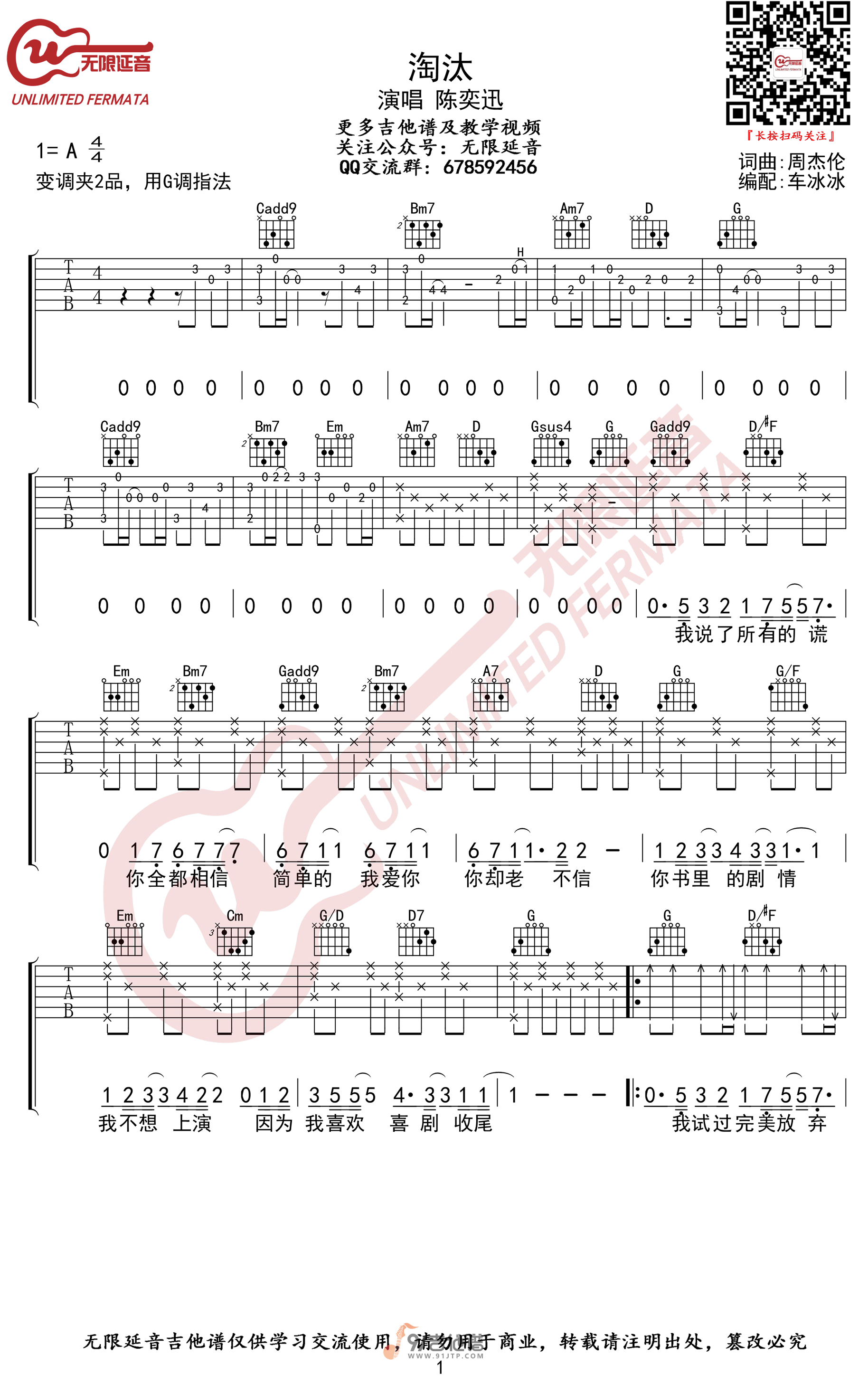 陈奕迅《淘汰》吉他谱 G调指法原版编配 民谣吉他弹唱六线谱1