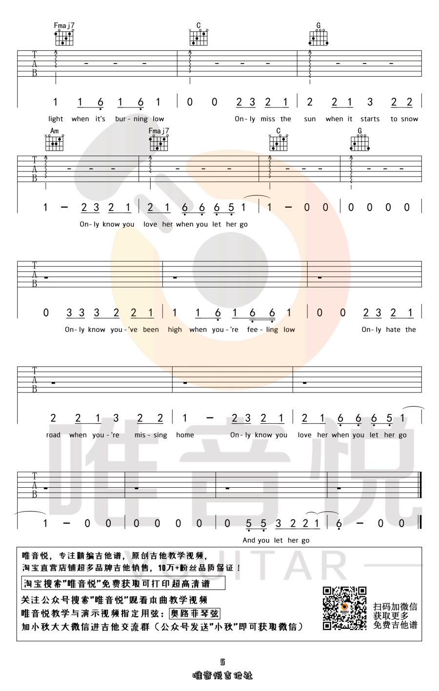 Let Her Go吉他谱_Passenger_C调原版_弹唱六线谱5