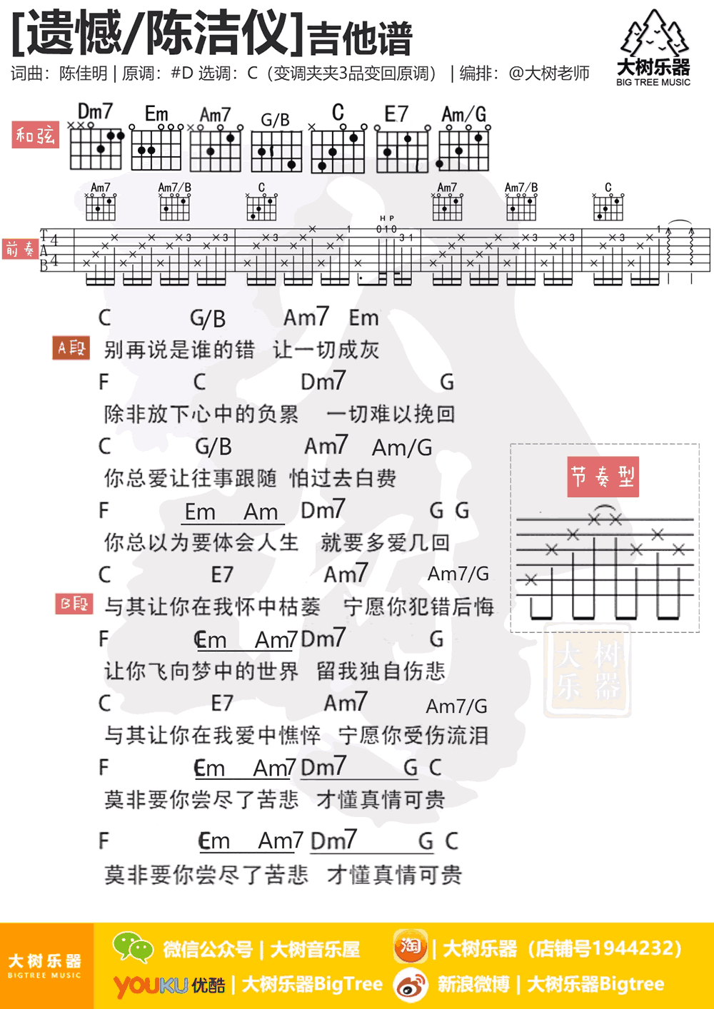 遗憾吉他谱 许美静 C调弹唱谱 《遗憾》吉他教学视频1