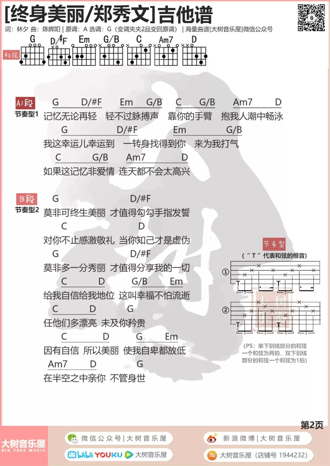 终身美丽吉他谱 G调和弦谱_大树音乐屋编配_郑秀文2