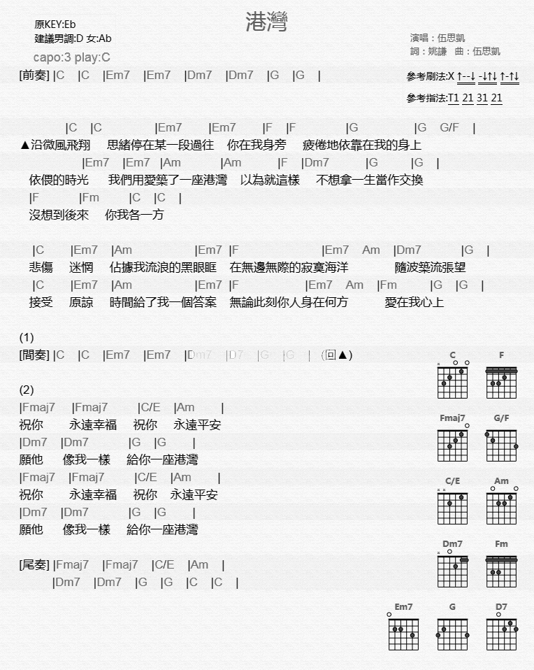 港湾吉他谱 C调和弦谱-伍思凯1