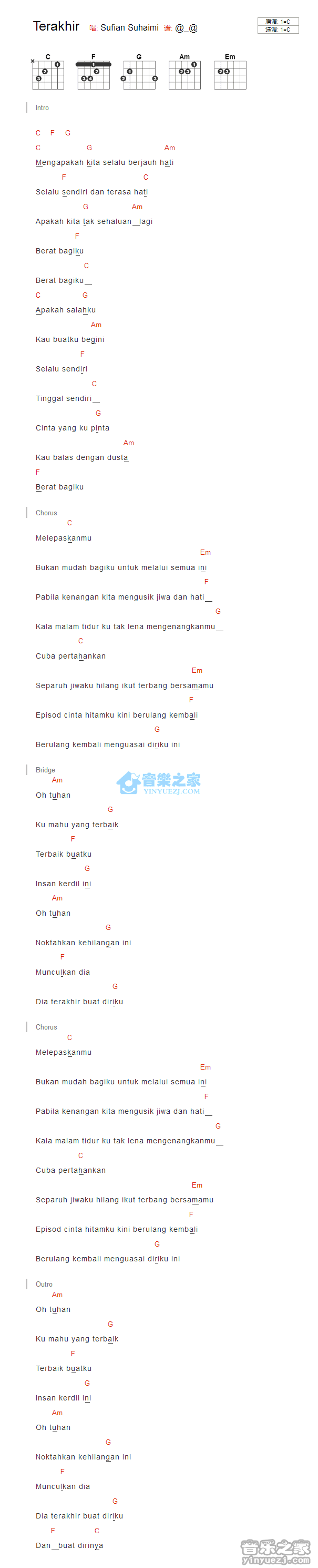 Terakhir吉他谱 C调版 Sufian Suhaimi1