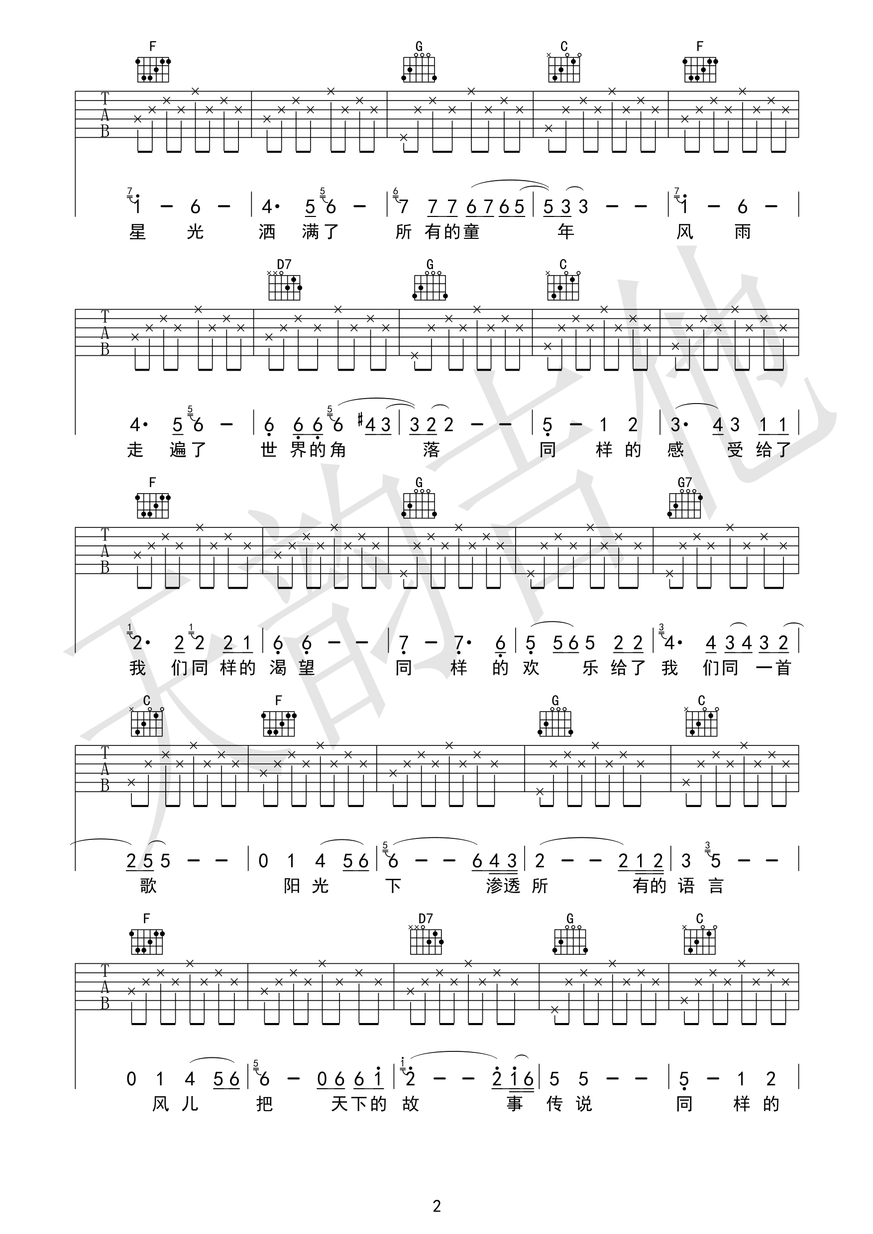 同一首歌吉他谱 D调高清版-天韵吉他编配-毛阿敏1