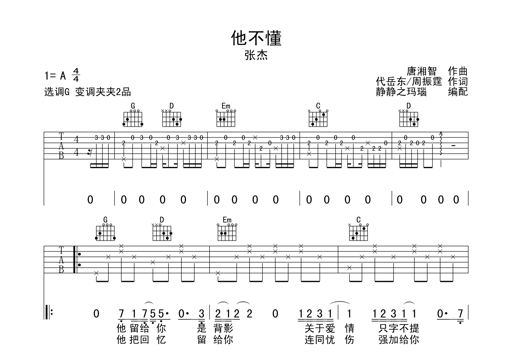 他不懂吉他谱_张杰_《他不懂》G调原版六线谱_吉他弹唱谱1