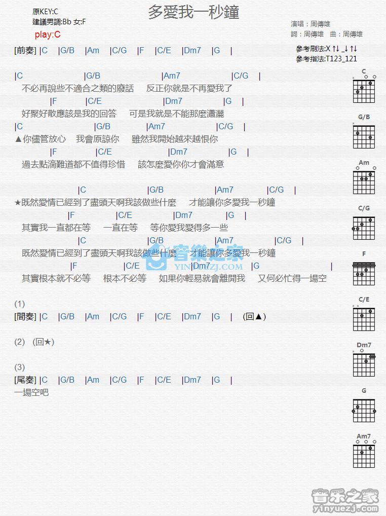 多爱我一秒钟吉他谱 C调版 周传雄1