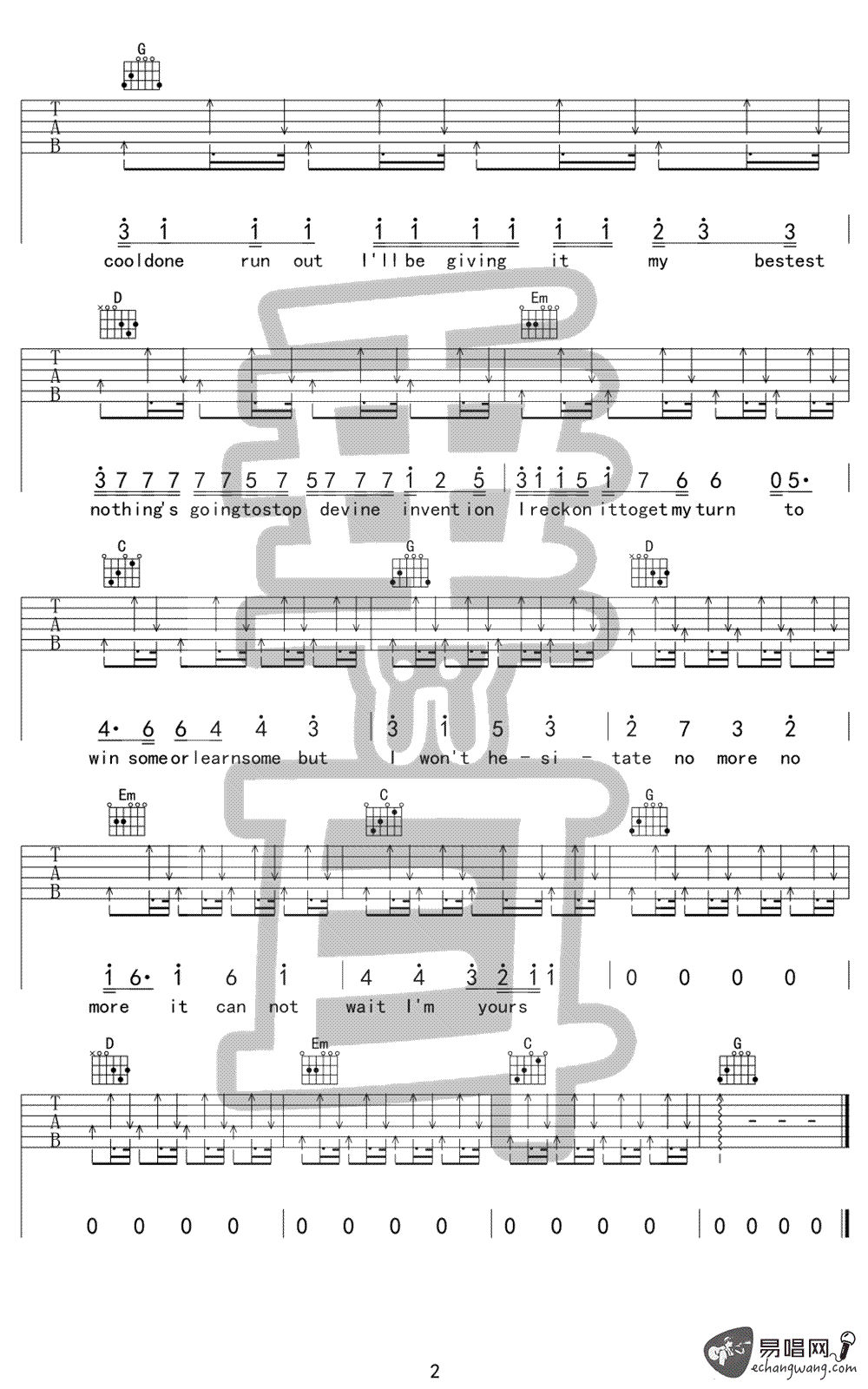 I'm yours吉他谱 Jason Mraz G调弹唱谱 吉他演示视频2