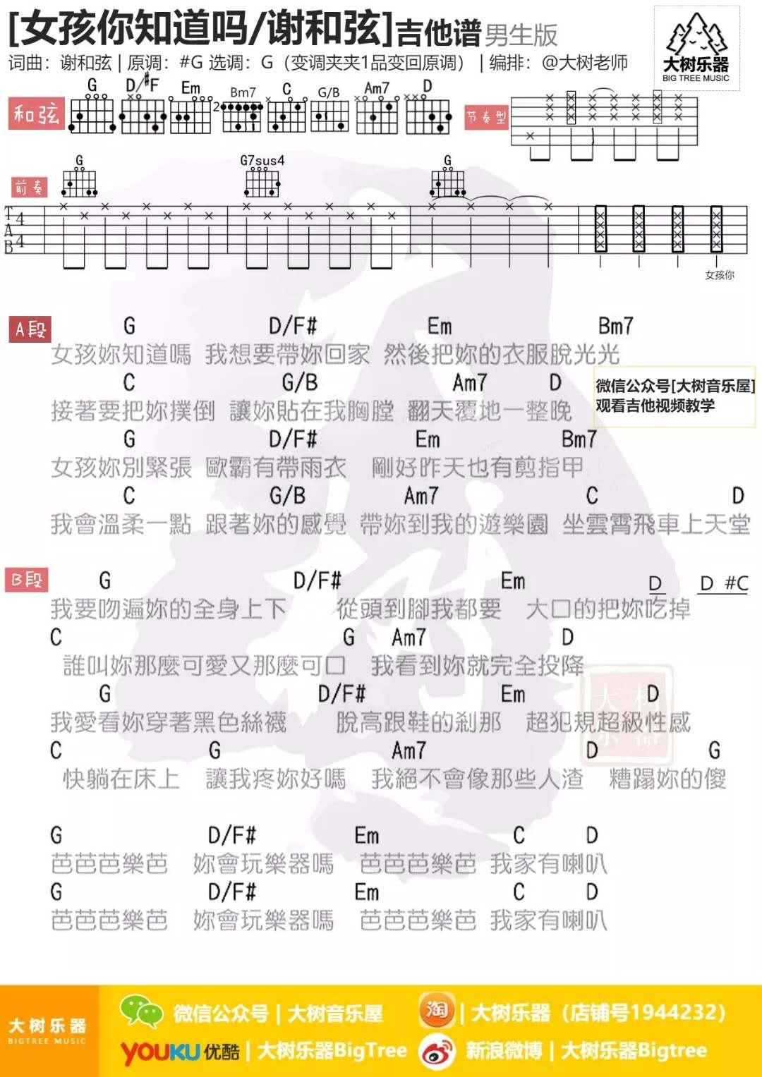 女孩你知道吗_G调吉他谱_谢和弦1