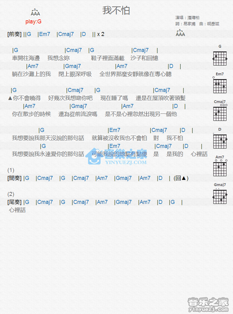我不怕吉他谱 G调版 潘玮柏1