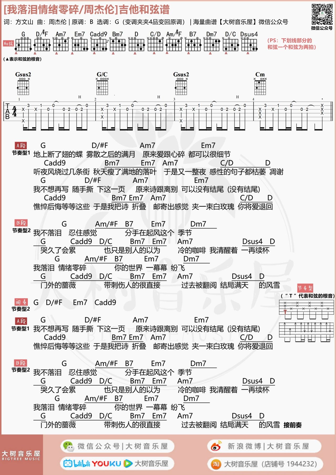 我落泪情绪零碎吉他谱 吉他弹唱视频教程 G调吉他谱1