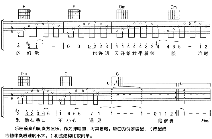 刘若英《对面男生的房间》吉他谱_C调吉他弹唱谱1