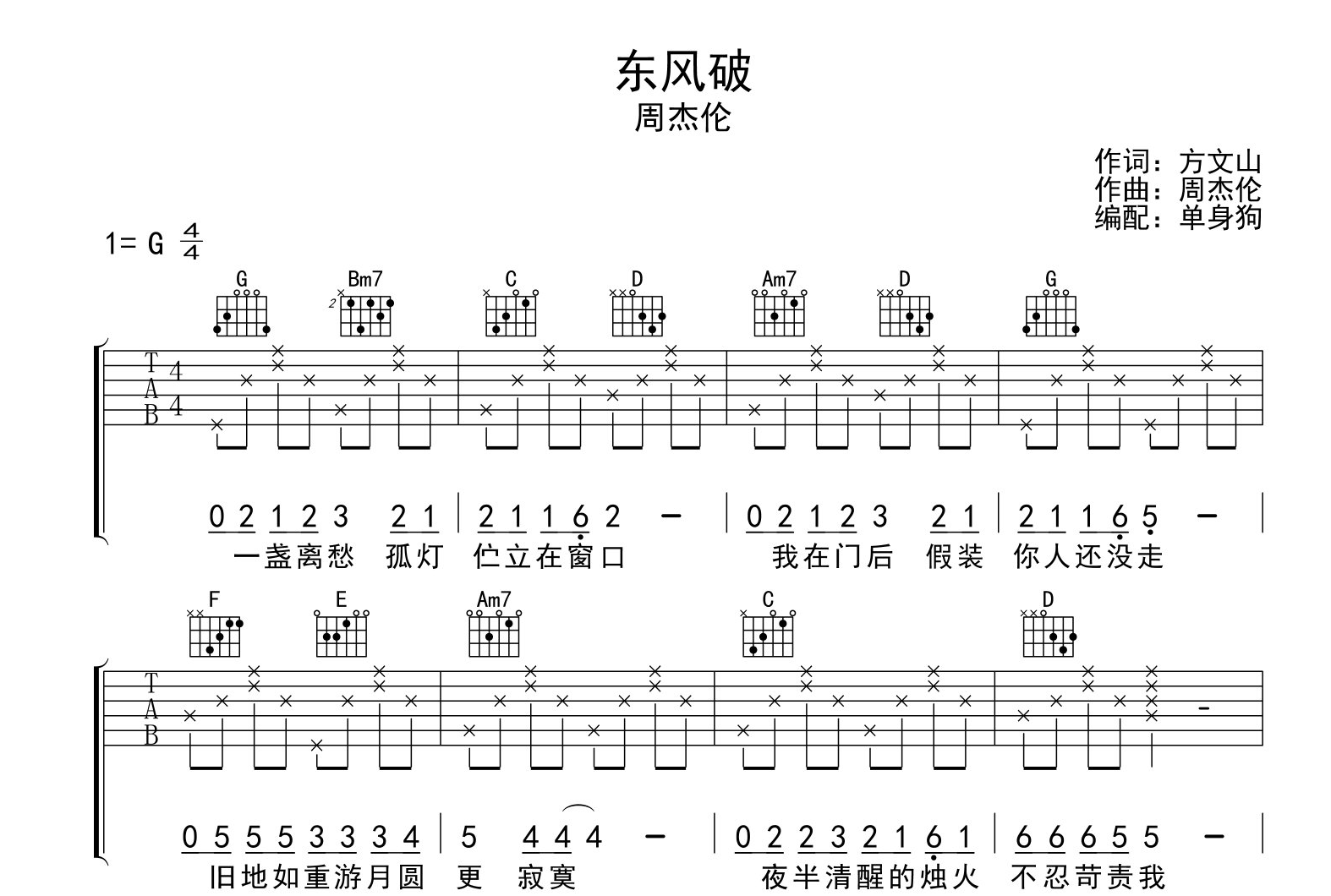 周杰伦《东风破》吉他谱_G调简单版吉他六线谱1