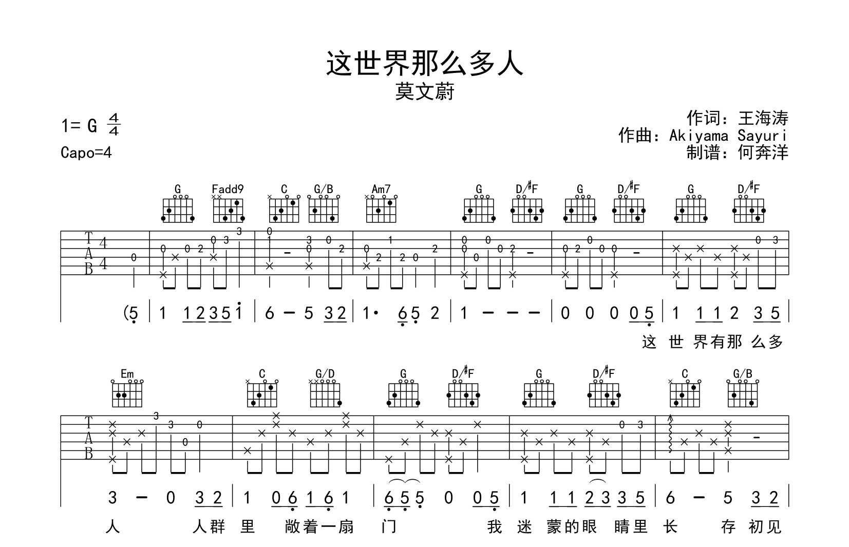 莫文蔚《这世界那么多人》吉他谱_G调精编版六线谱1