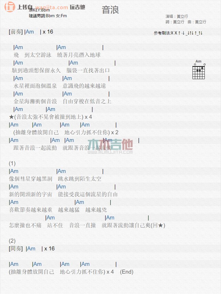 音浪吉他谱_黄立行_《音浪》吉他弹唱和弦谱1