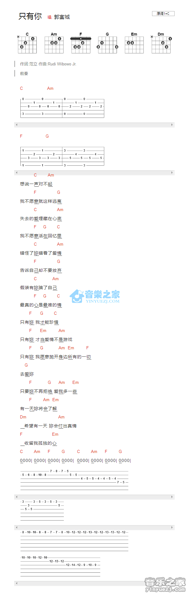 只有你_吉他谱_C调版_郭富城1
