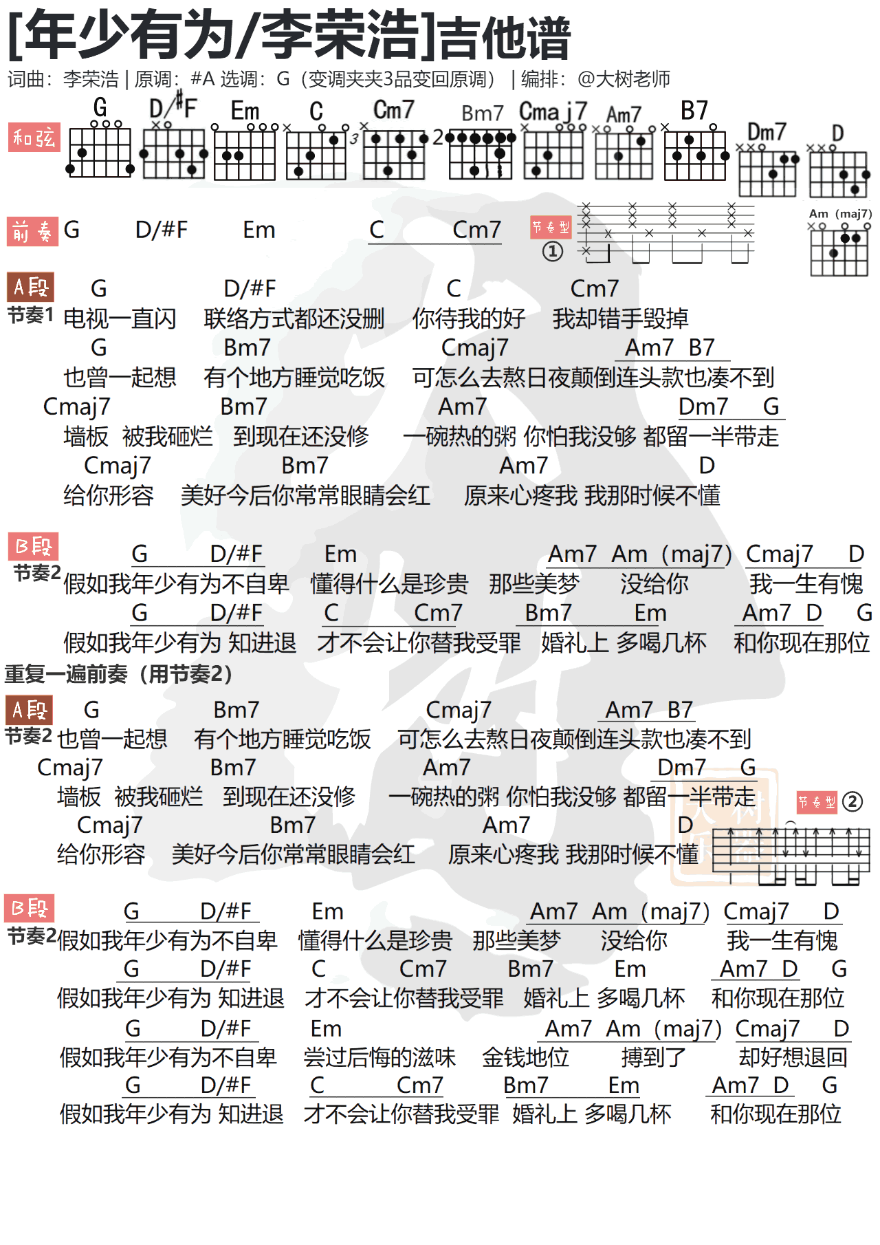 年少有为吉他谱 G调简单版_大树乐器编配_李荣浩1