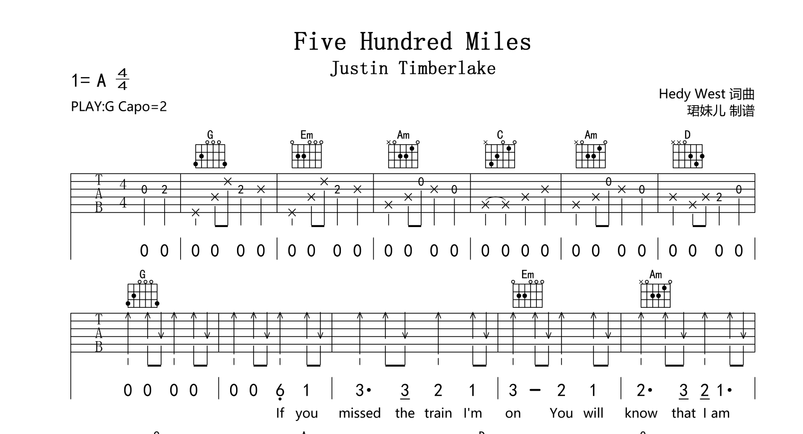 Five Hundred Miles吉他谱-Justin Timberlake-G调原版吉他谱1