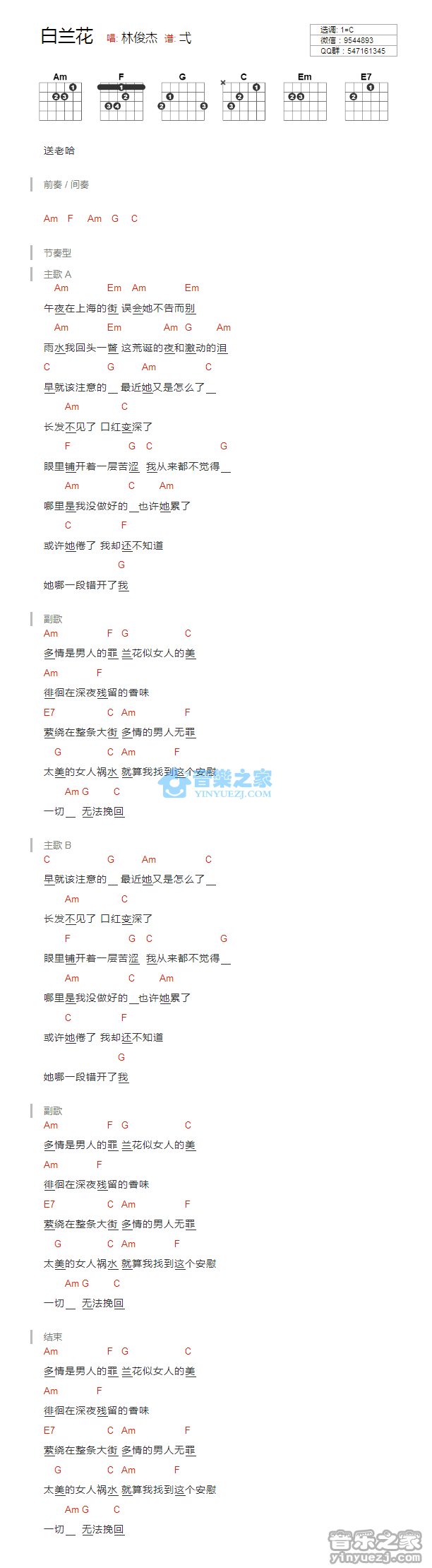 白兰花_吉他谱_C调版_林俊杰1