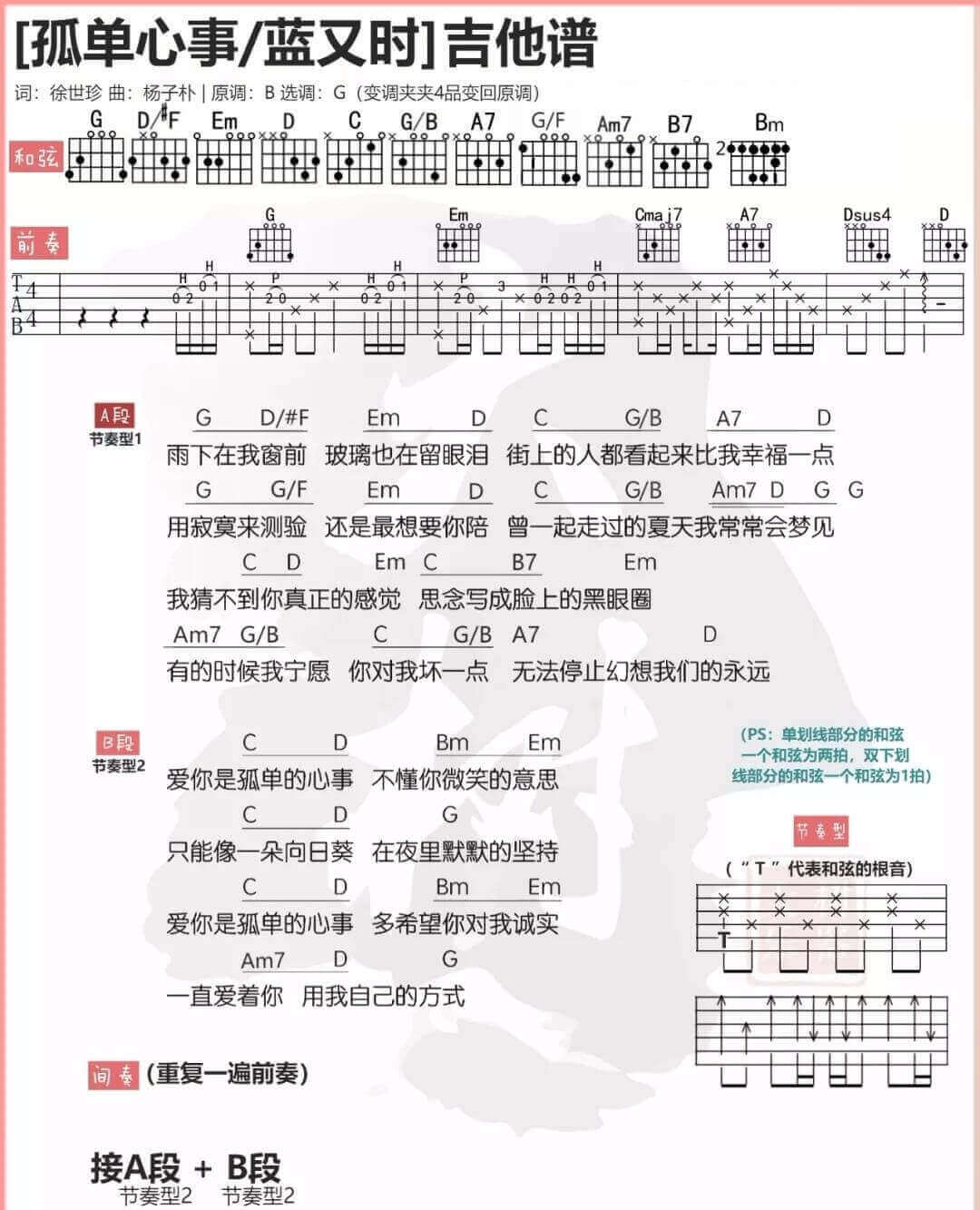 《孤单心事》吉他谱-颜人中/蓝又时-G调简单版弹唱谱-和弦图谱1
