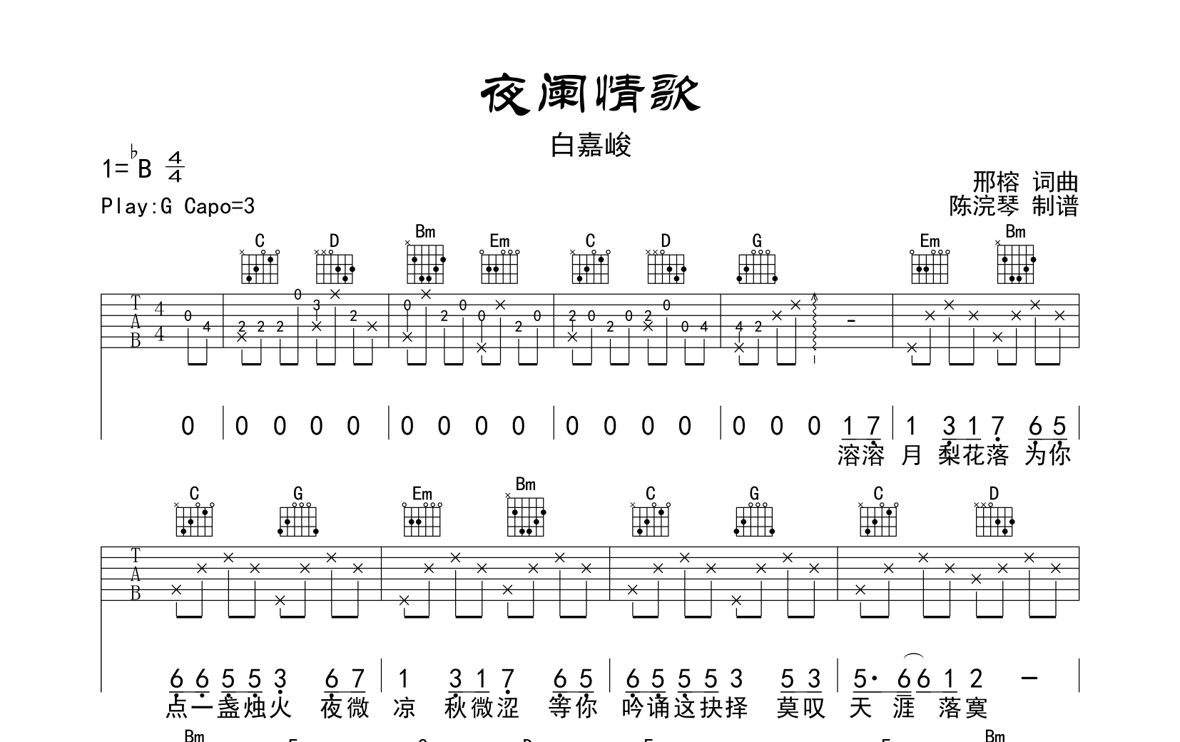夜阑情歌吉他谱_白嘉峻_G调指法原版吉他谱1