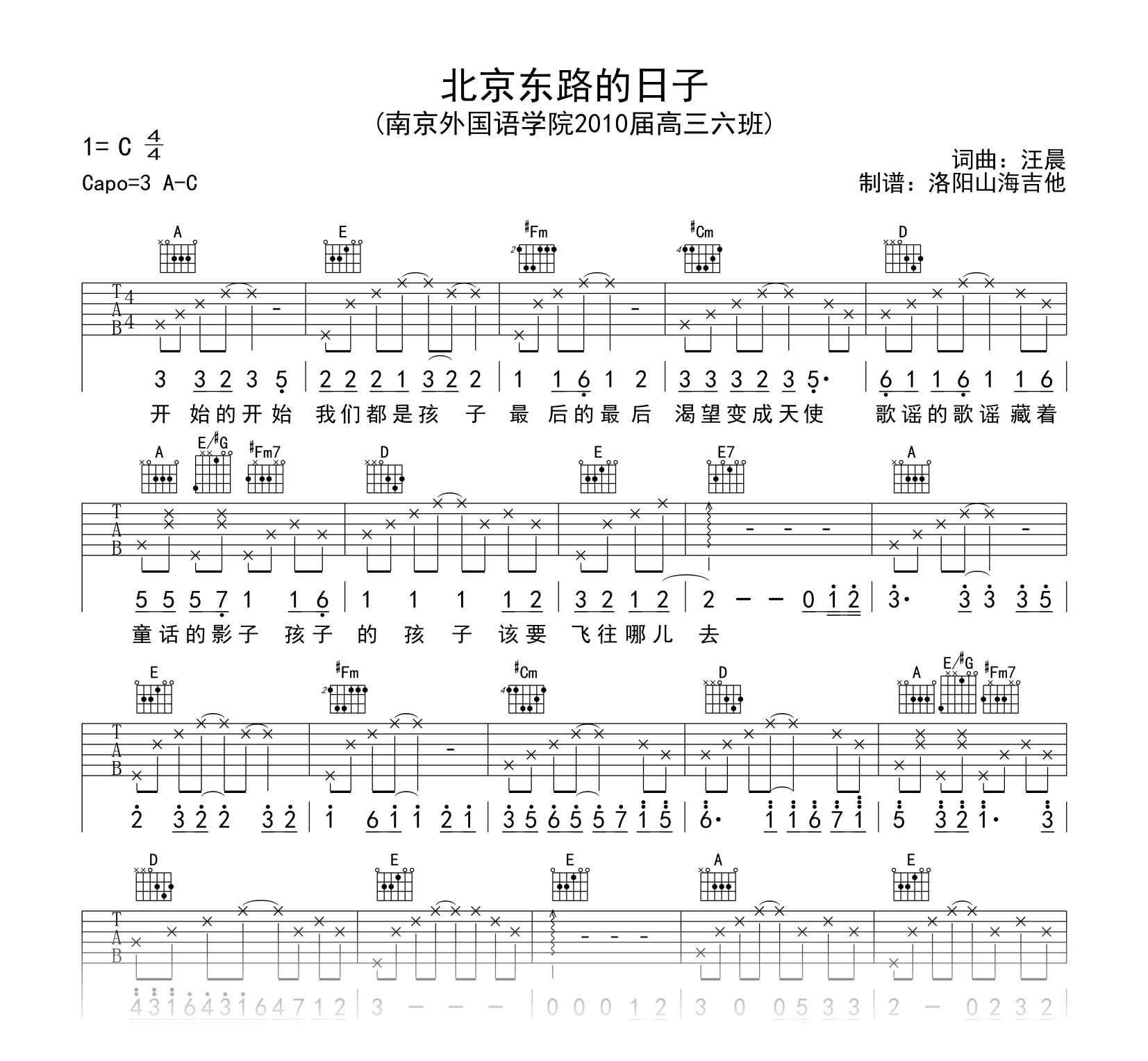 《北京东路的日子》原版吉他谱（附试听音频）_高清弹唱谱1