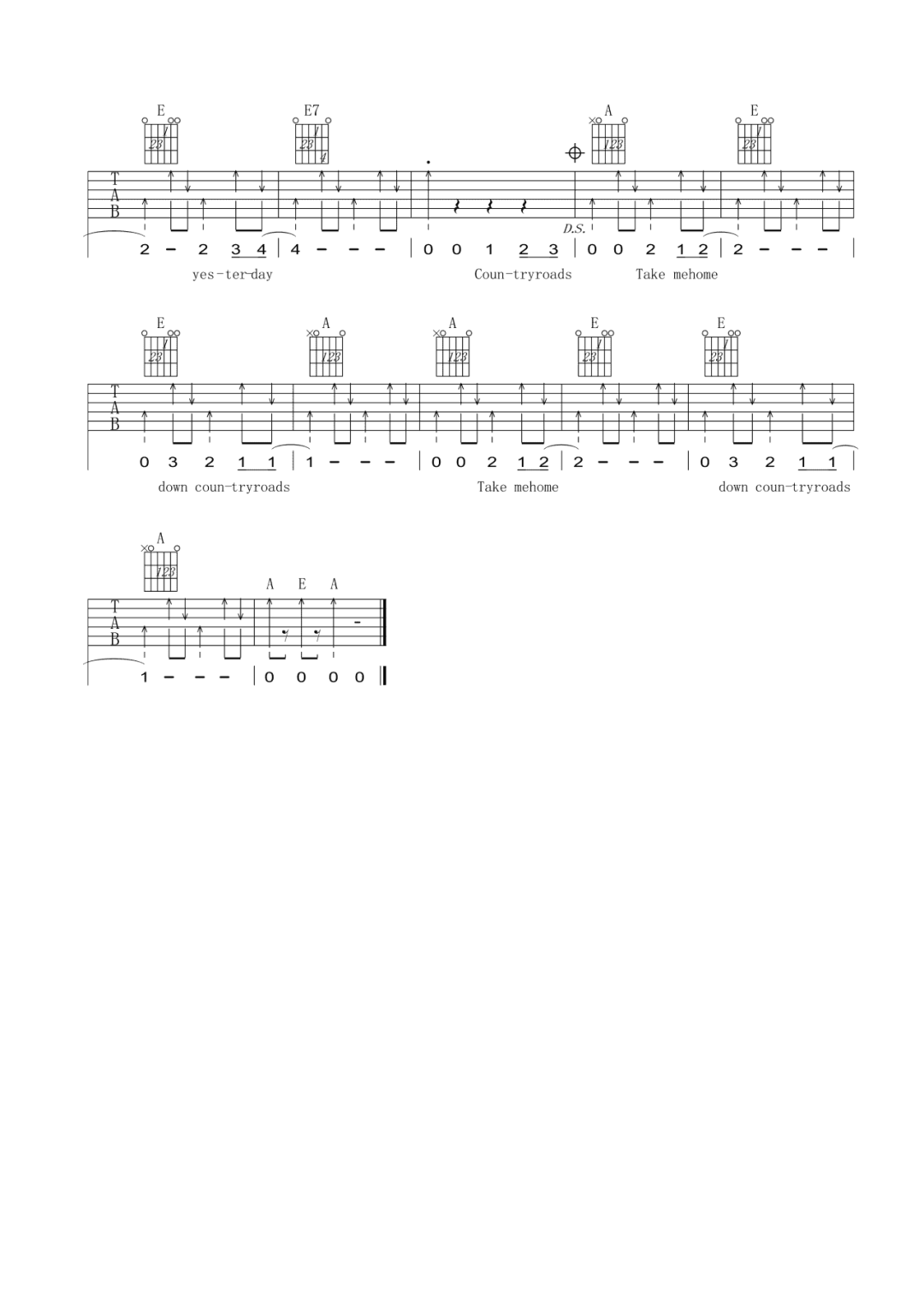 乡村路带我回家 John Denver A调吉他谱1