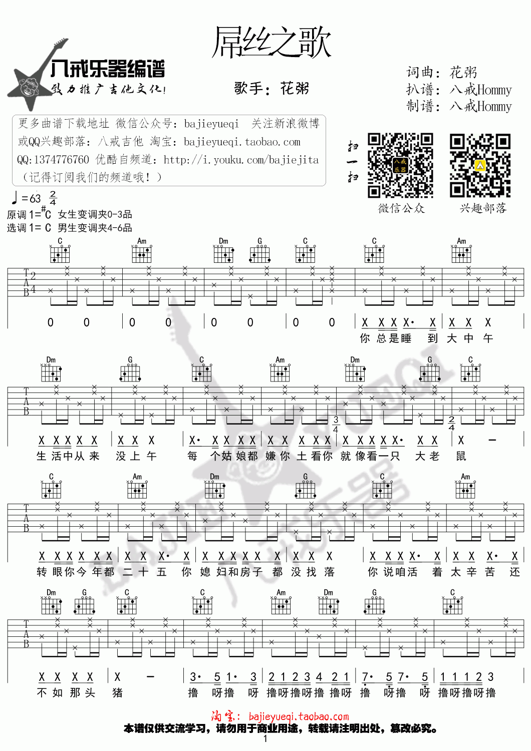 屌丝之歌_吉他谱_花粥1