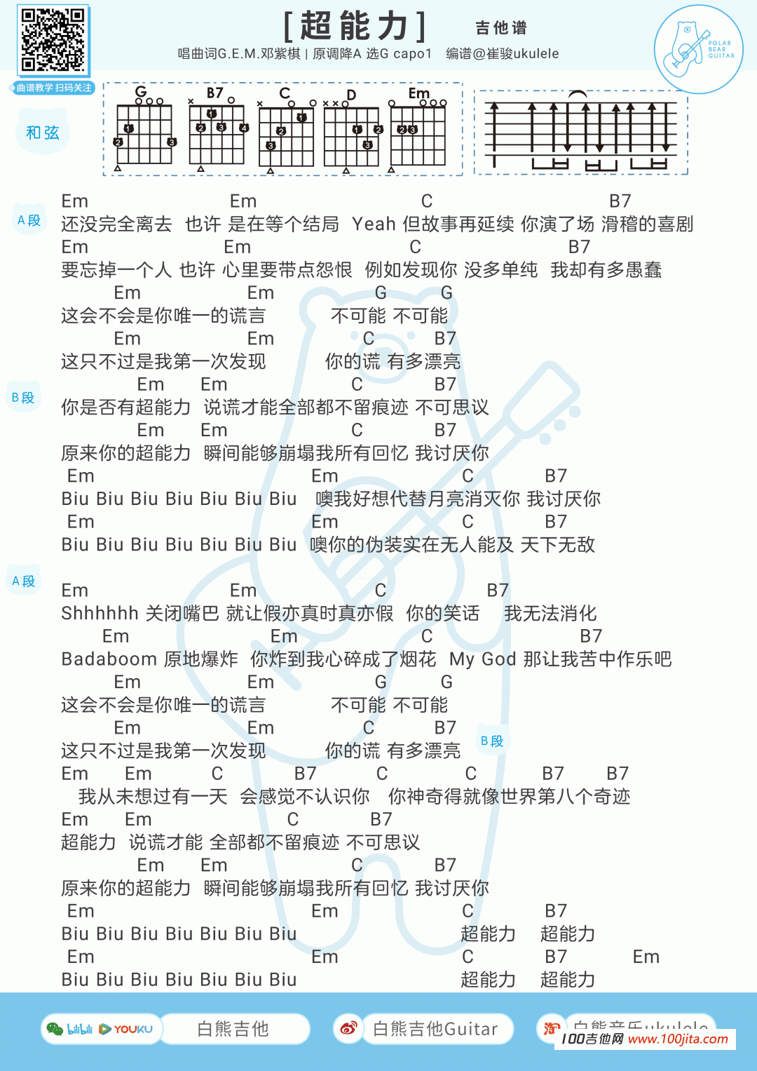 超能力吉他谱_邓紫棋_吉他弹唱谱（尤克里里通用版）1