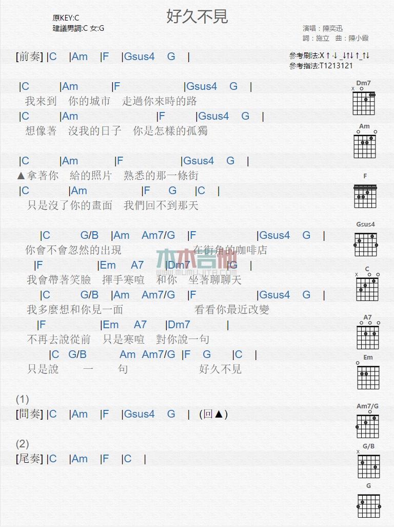 好久不见吉他谱升D调陈奕迅1