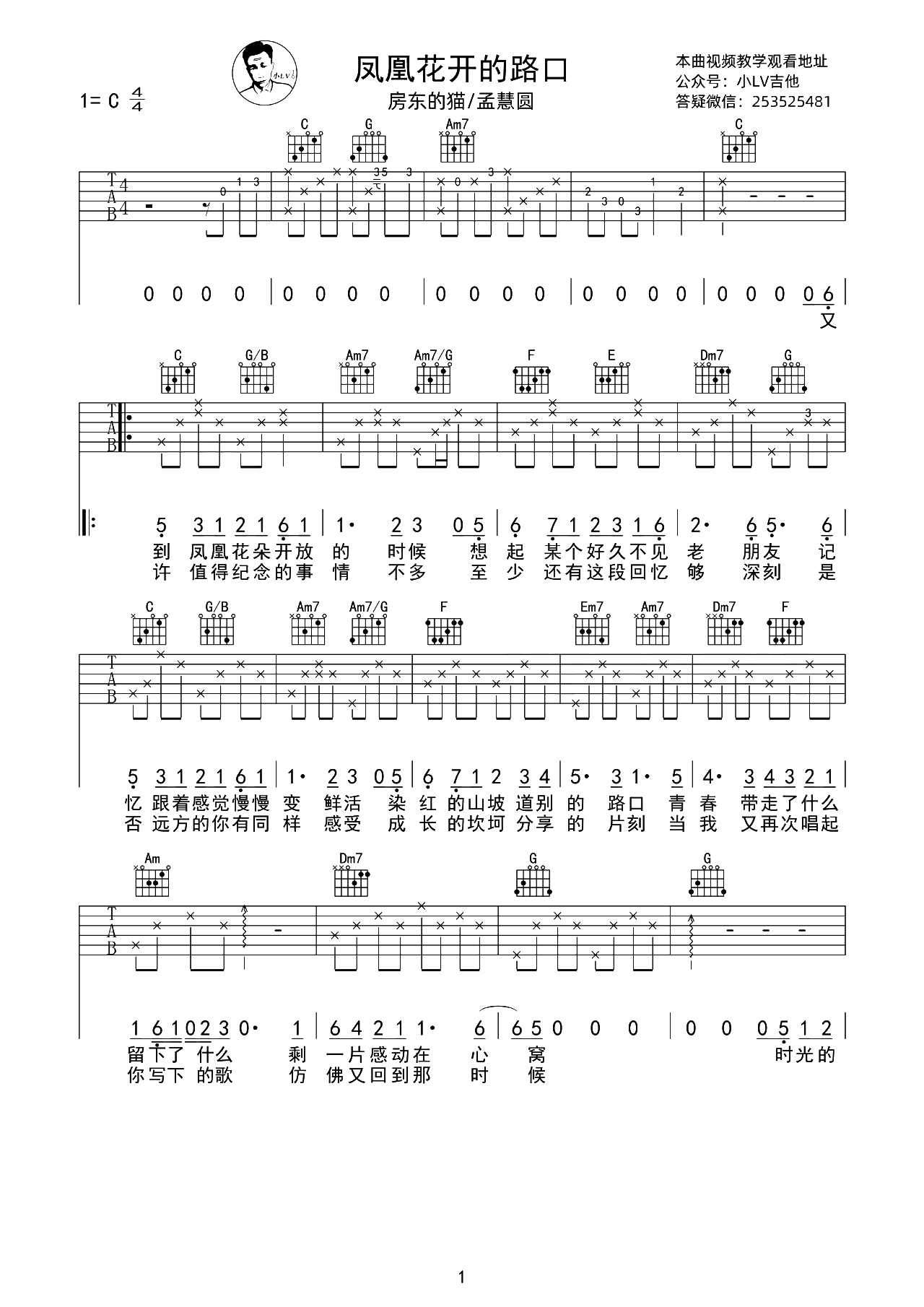 凤凰花开的路口吉他谱 房东的猫/孟慧圆 《天赐的声音3》1