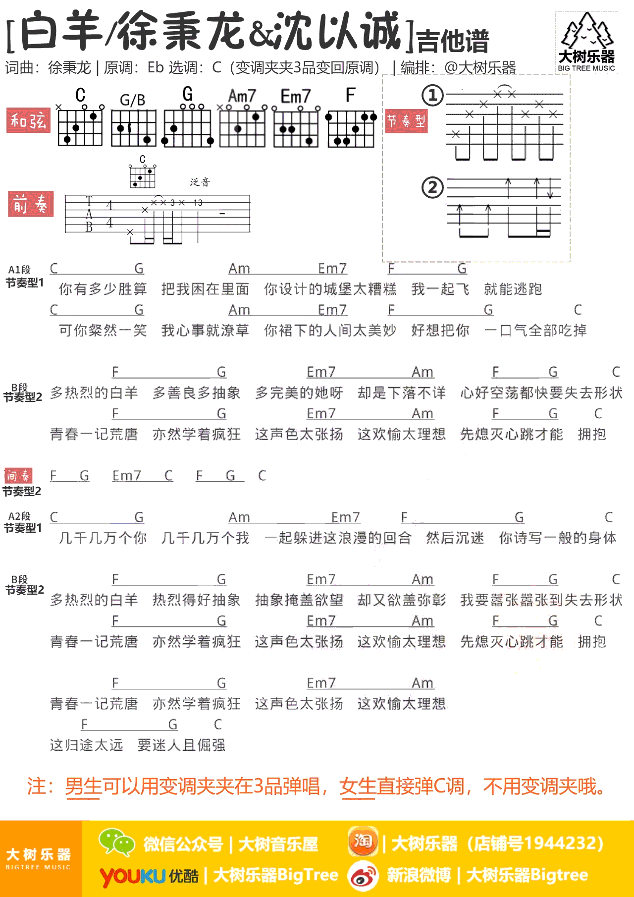 白羊吉他谱 徐秉龙&沈以诚 C调弹唱谱 吉他图片谱2