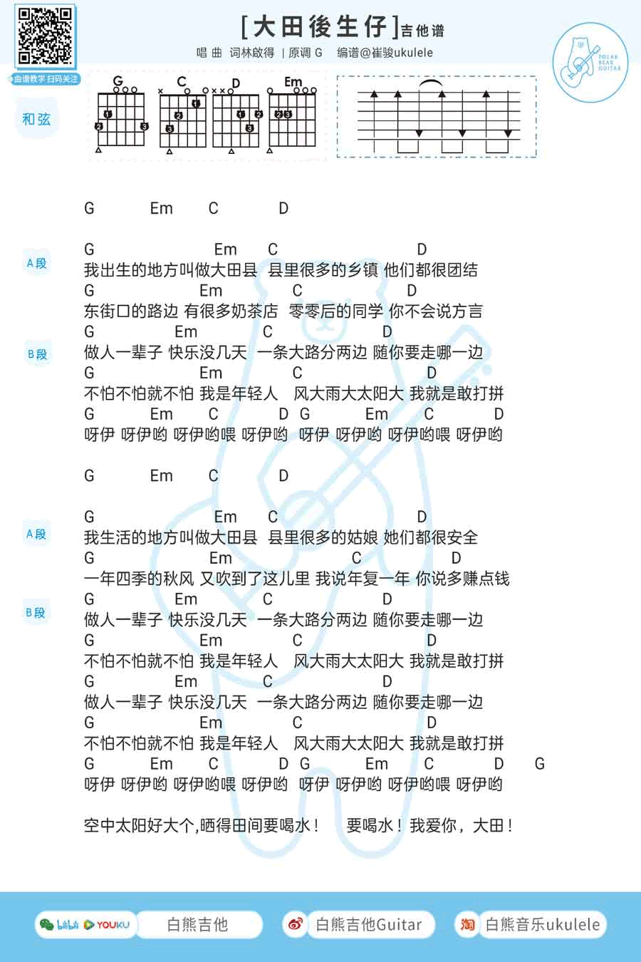 大田后生仔吉他谱_林启得_C调弹唱谱_吉他演示视频1