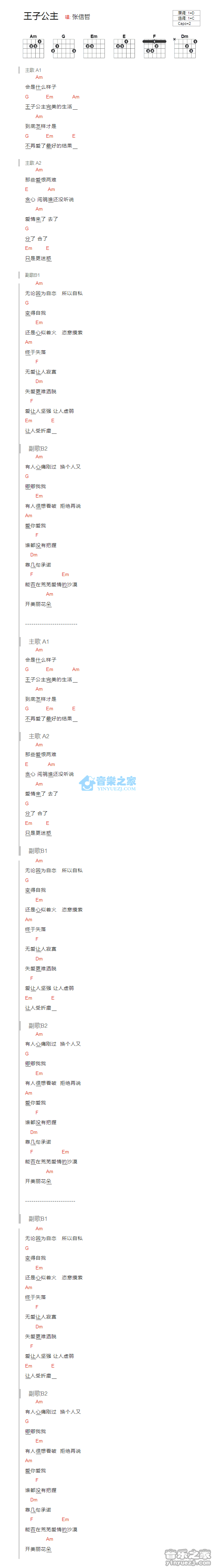 王子公主吉他谱 C调和弦谱-音乐之家编配-薛之谦1