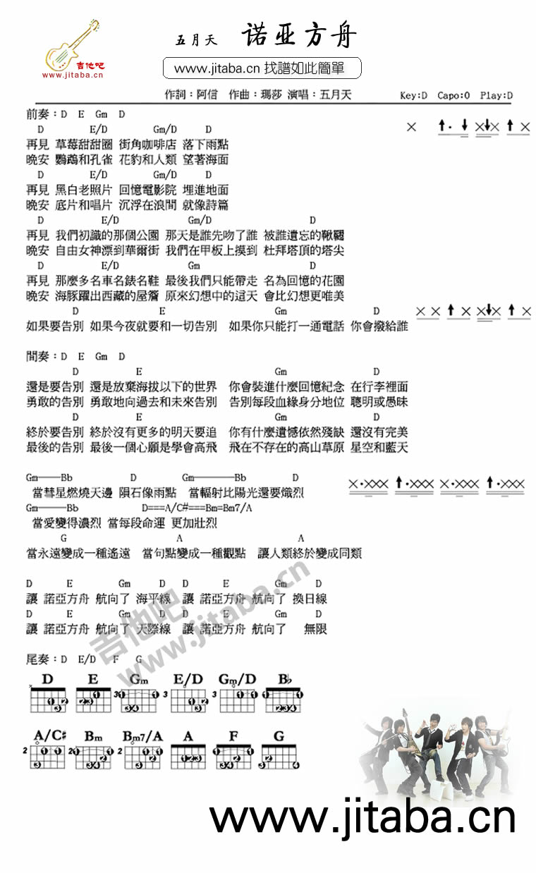 诺亚方舟吉他谱 D调和弦谱_吉他吧编配_五月天1