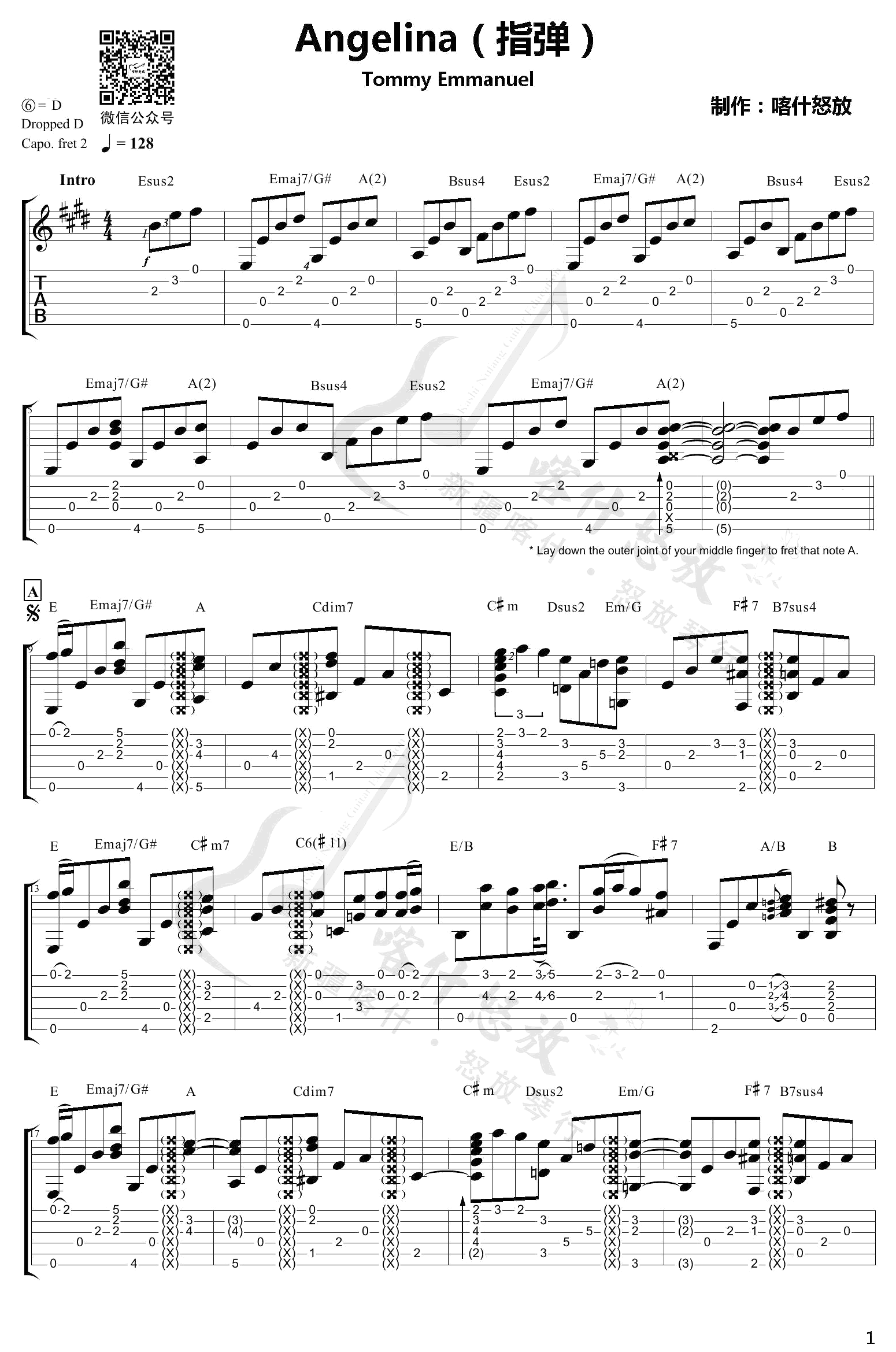 Angelina指弹吉他谱 D调-喀什怒放编配-Tommy Emmanuel1