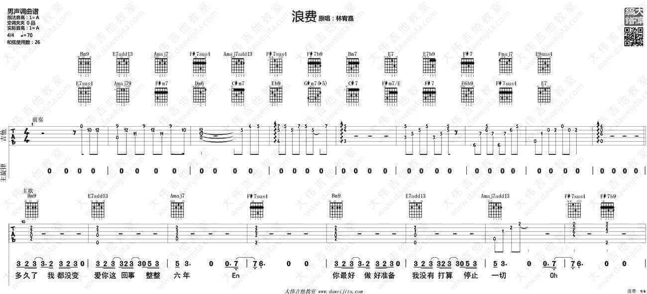 林宥嘉浪费吉他谱、A调六线谱、浪费吉他弹唱教学1